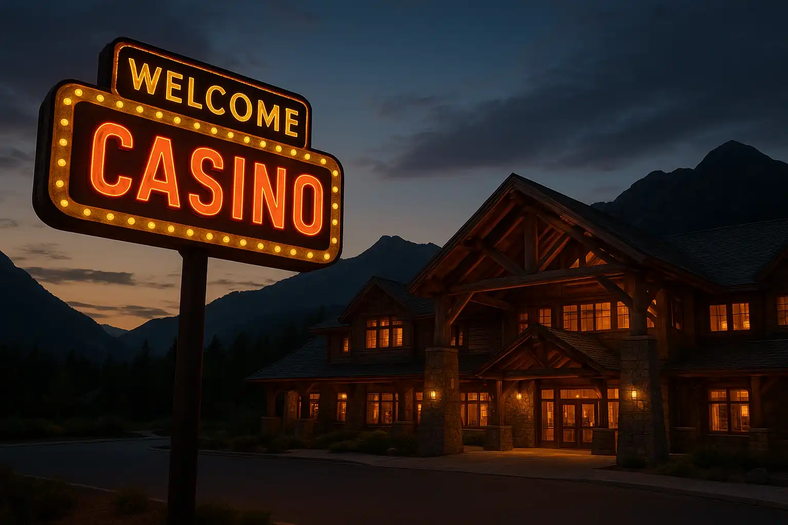 Vintage travel sign and timber lodge exterior representing the MileCasino brand at dusk