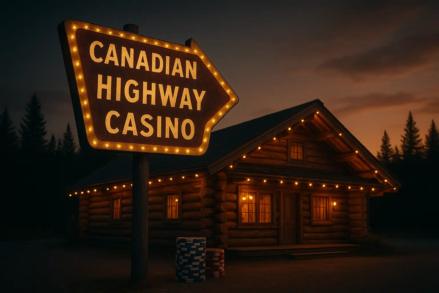 Stack of casino chips and a welcome bonus sign on a wooden bar counter with mountain scenery