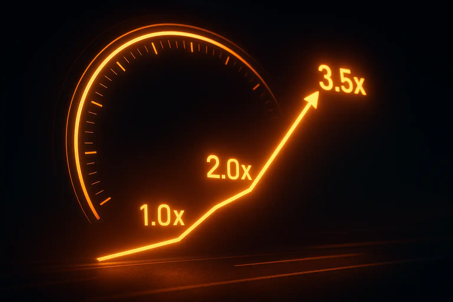Neon multiplier graph rising on a dashboard screen styled like a highway speedometer at night