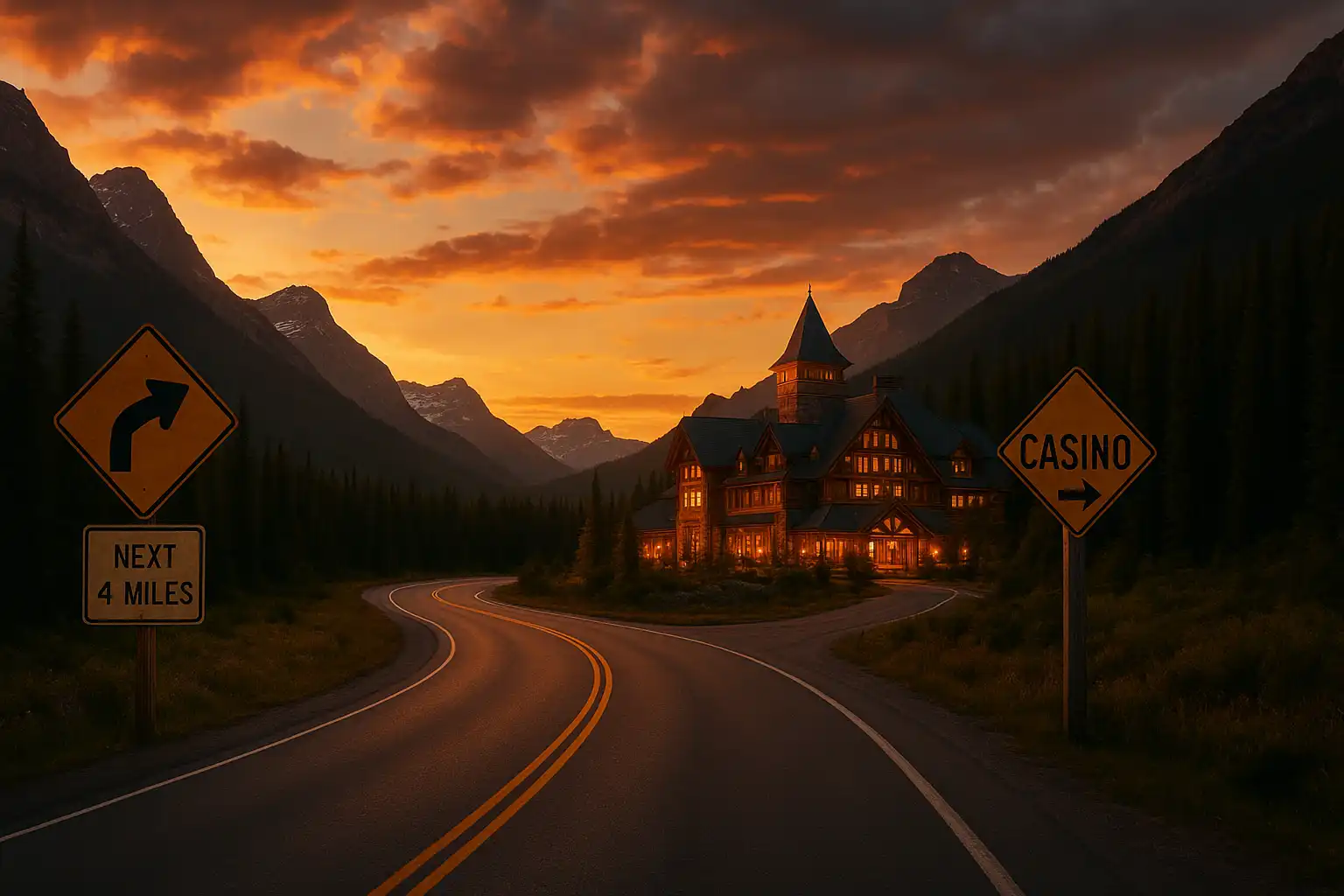 Panoramic Canadian mountain highway at sunset with a timber lodge casino glowing in the distance