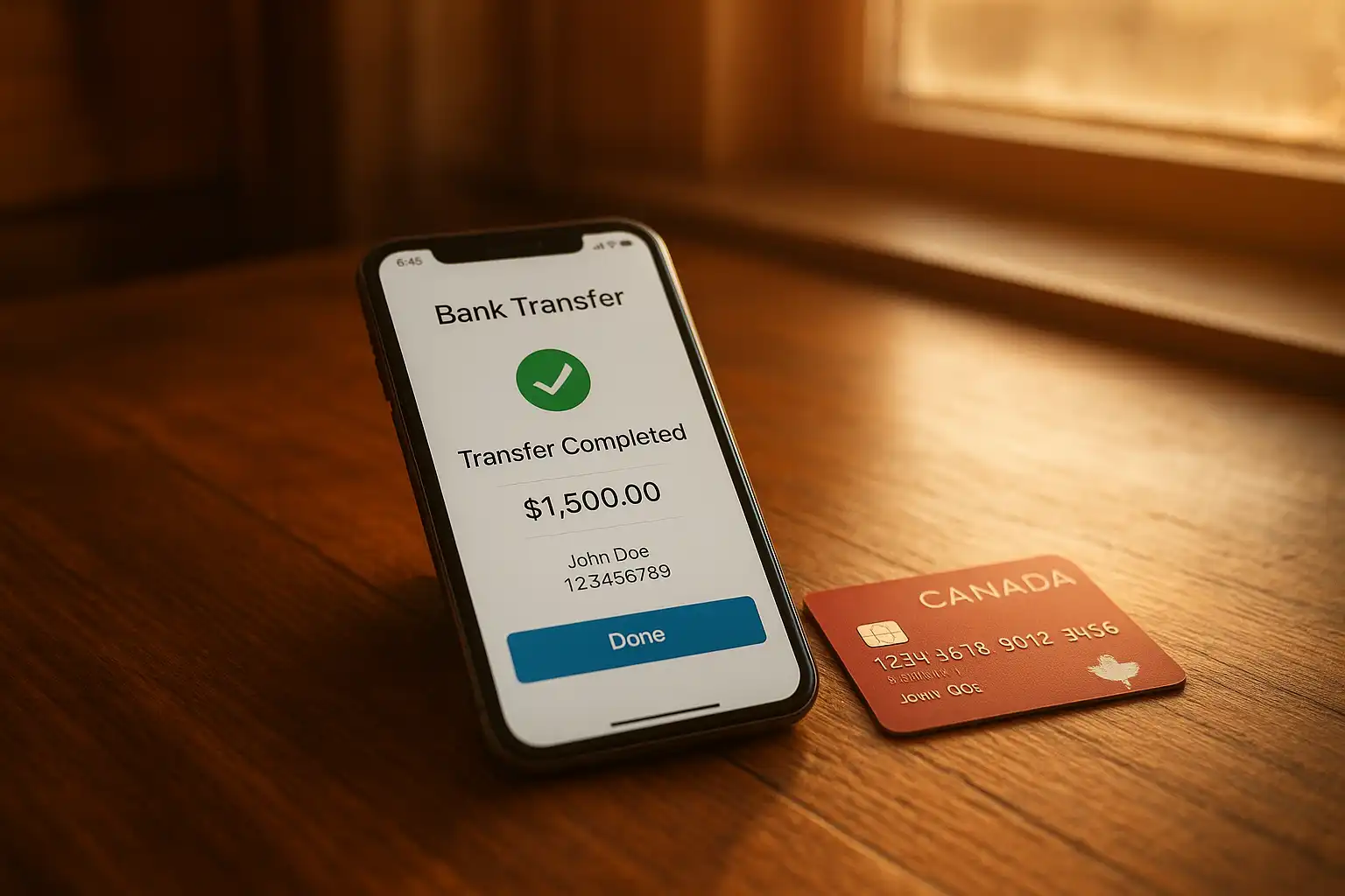 Smartphone displaying an Interac e-Transfer confirmation next to a Canadian bank card on a wooden table