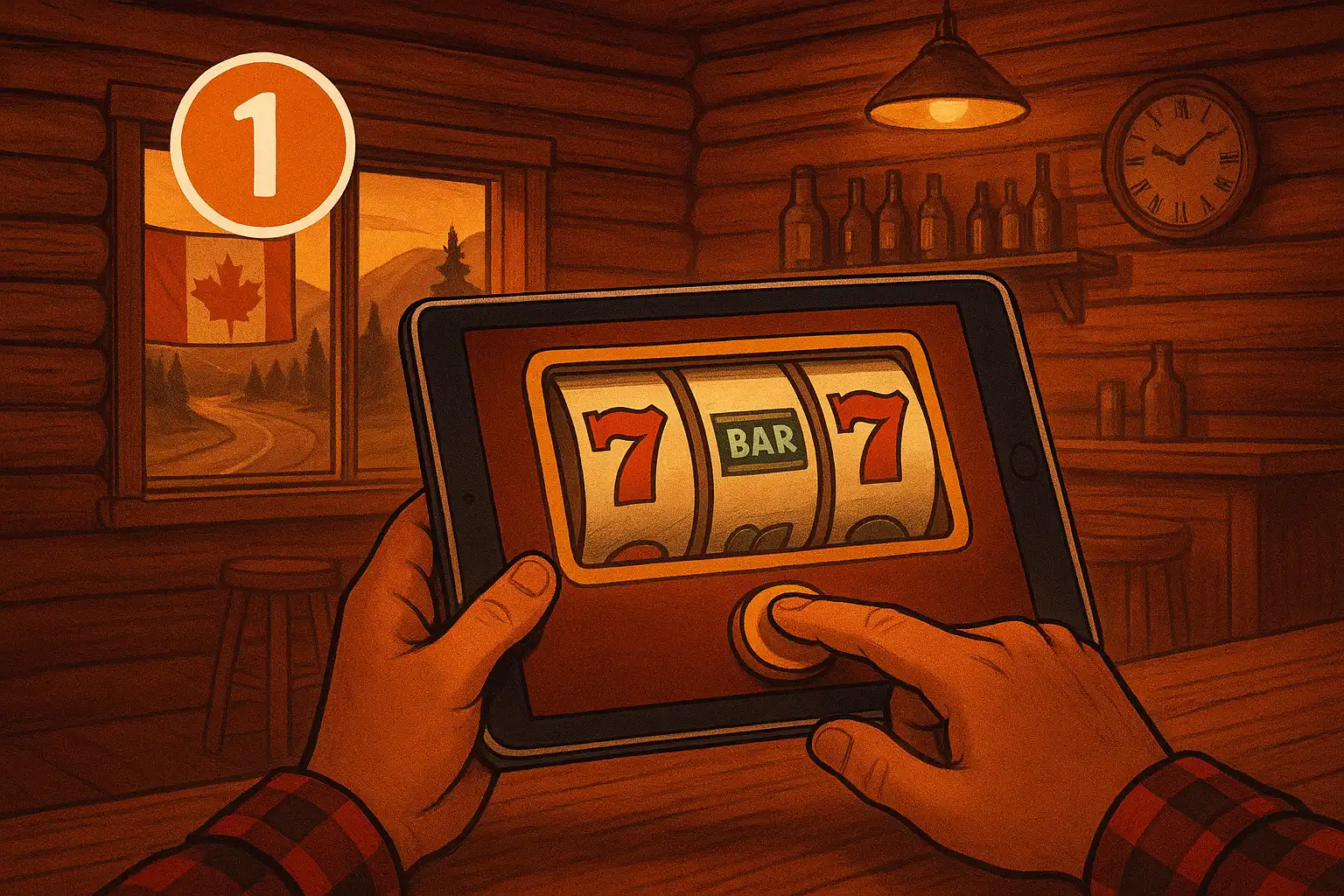 Player spinning a slot machine reel on a tablet